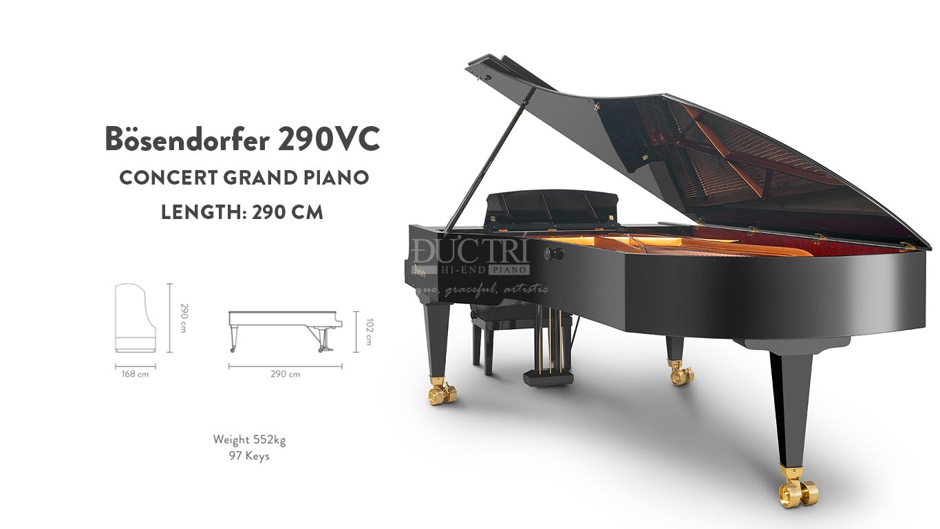 Concert Grand Piano là loại đàn lớn nhất, với chiều dài từ 2,2m trở lên