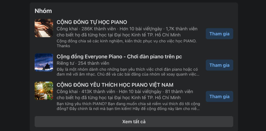 Tham gia vào các nhóm hoặc diễn đàn học piano để kết nối với những người có cùng đam mê