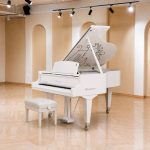 Cận cảnh đàn piano cơ bosendorfer cocteau trắng trong sảnh vòm sáng