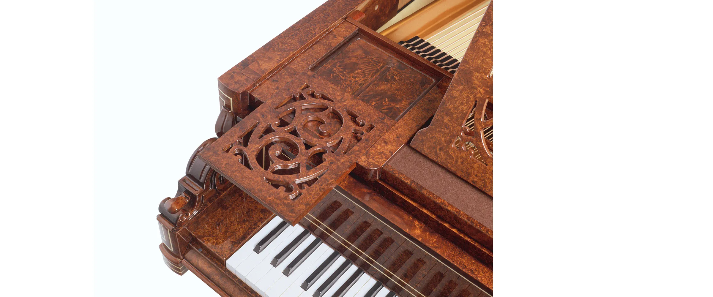 Giá đặt bản nhạc trên Bösendorfer Vienna 214VC sử dụng venners Burl wood