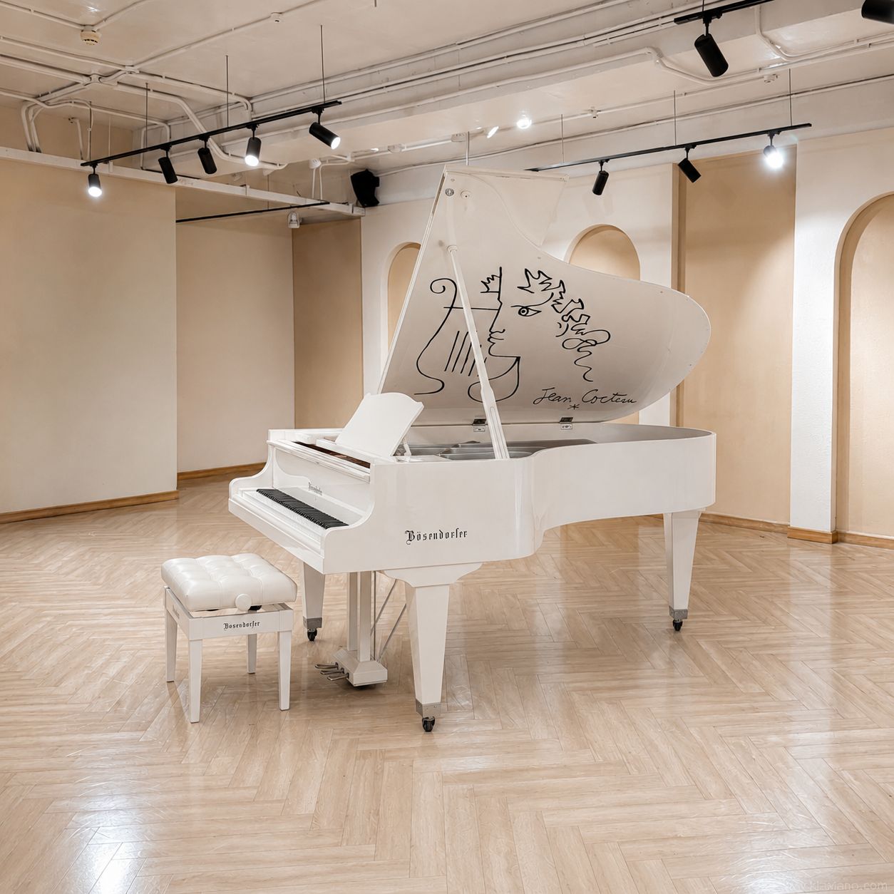 Góc nhìn nghiêng đàn piano bosendorfer cocteau trắng trong phòng vòm sáng
