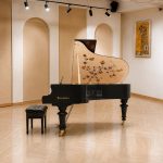 Đàn piano Bösendorfer Dragonfly trong phòng trưng bày library với kệ sách gỗ