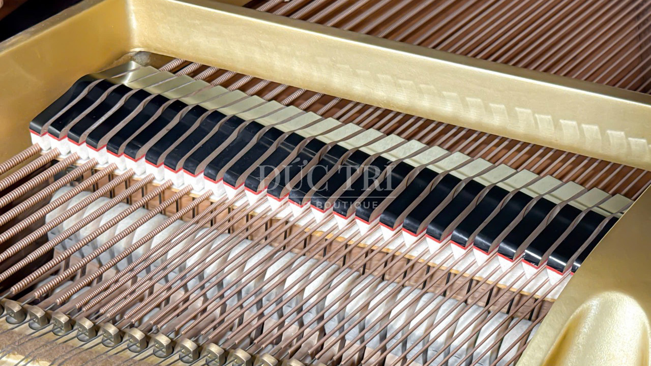 Yamaha G3B Walnut 3 Khi kéo pedal thực tập - Một lớp nỉ giảm âm được nâng lên, chèn giữa dây đàn và dàn búa