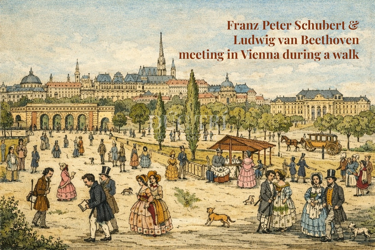 Vienna musical lon Franz Peter Schubert (Vienna, 1797-Vienna, 1828) and Ludwig van Beethoven (Bonn, 1770-Vienna, 1827) meeting in Vienna during a walk, watercolour by Kuffelwieser. Austria, 19th century.