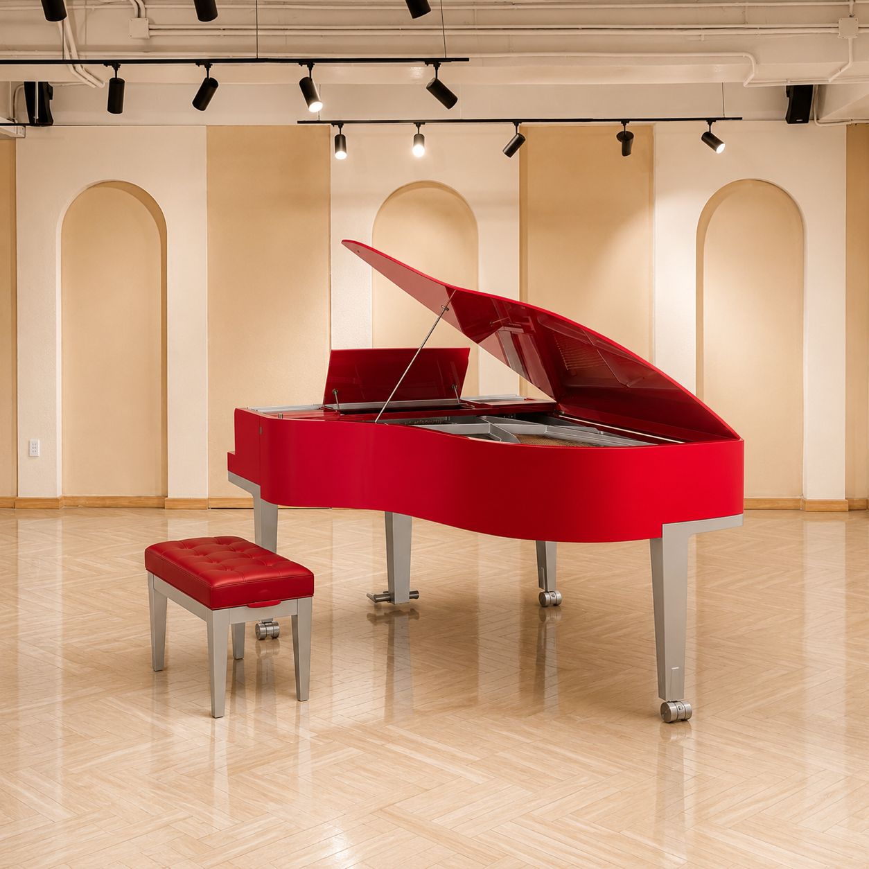 Bösendorfer Porsche - Đàn piano đỏ trong phòng trưng bày với góc chính diện