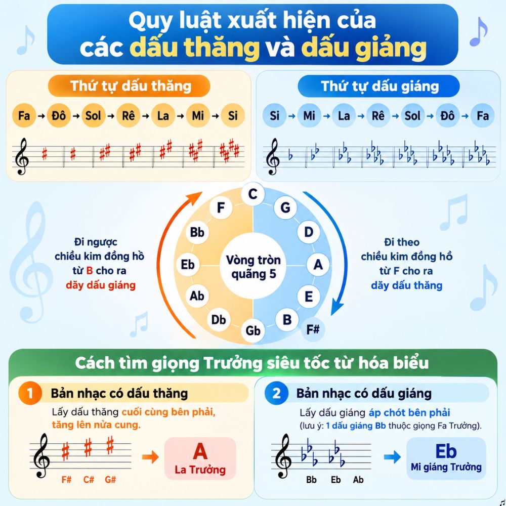 Cac quy luat cua dau thang va dau giang trong vong tron hop am vòng tròn quãng 5 Các quy luật của dấu thăng và dấu giáng trong vòng tròn hợp âm