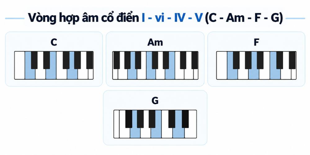 Vong hop am co dien I vi IV V C Am F G hợp âm pop ballad Vòng hợp âm cổ điển I - vi - IV - V (C - Am - F - G)