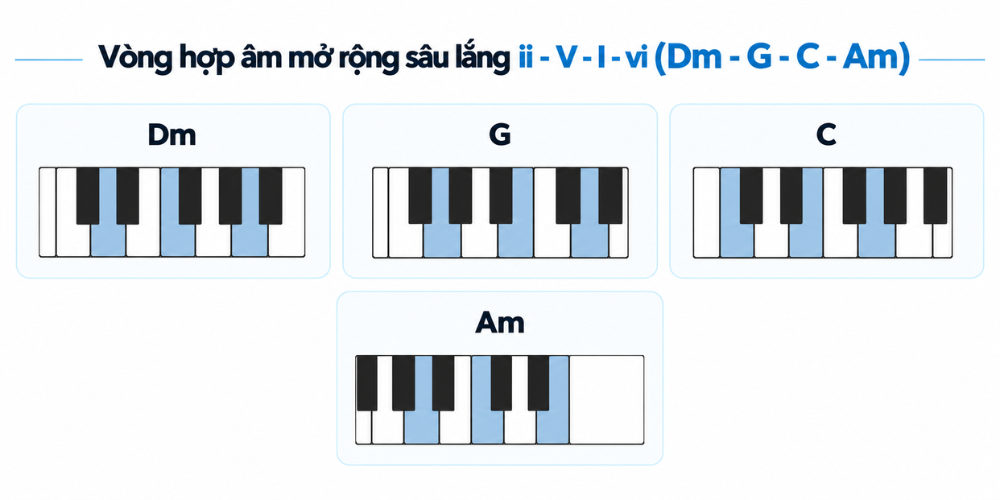 Vong hop am mo rong sau lang ii V I vi Dm G C Am hợp âm pop ballad Vòng hợp âm mở rộng sâu lắng ii - V - I - vi (Dm - G - C - Am)